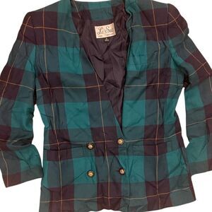 Vintage Le Suit Blazer Size 6 Blue Green Plaid‎ perfect for holidays